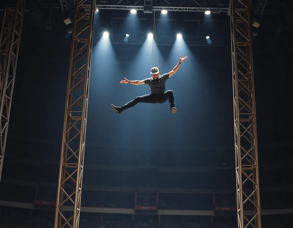 Athletic performer in raw industrial workwear mid-air leap between two moving suspended metal monolith trusses inside a dark arena