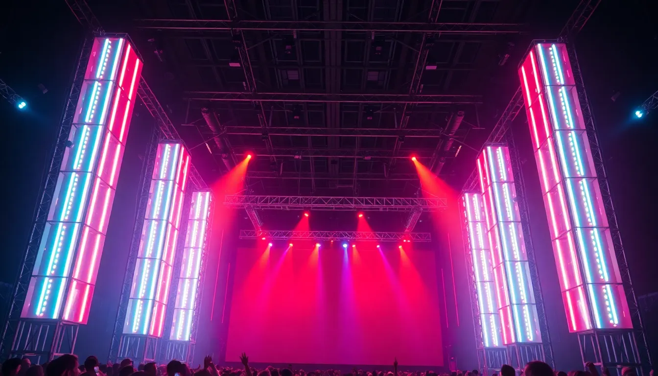 Cinematic production still of massive neon stage light installations in an entertainment venue arena