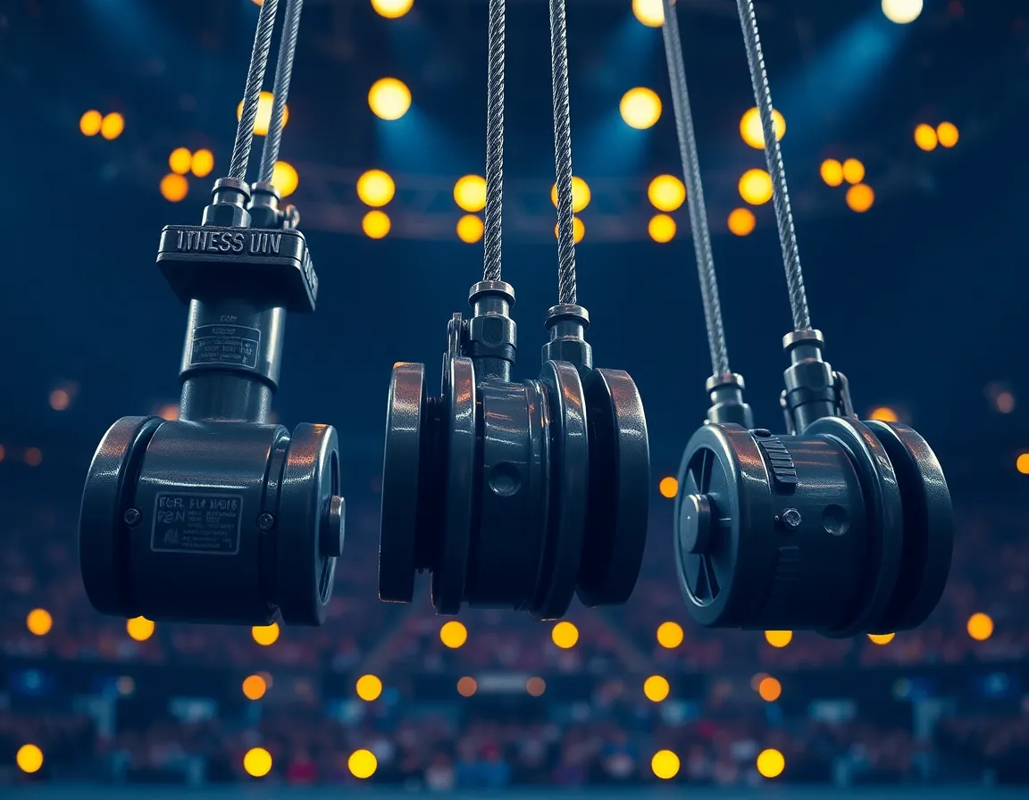 Detailed close-up of massive heavy industrial hydraulic pistons and steel cables locking into position on an entertainment arena stage with amber floodlights