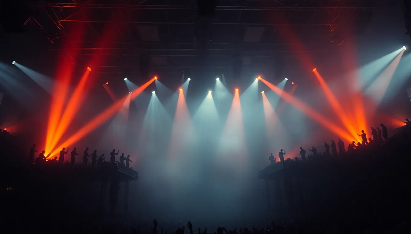 Dozens of performers in silhouette moving across elevated catwalks while dramatic amber light beams punch through heavy stadium fog