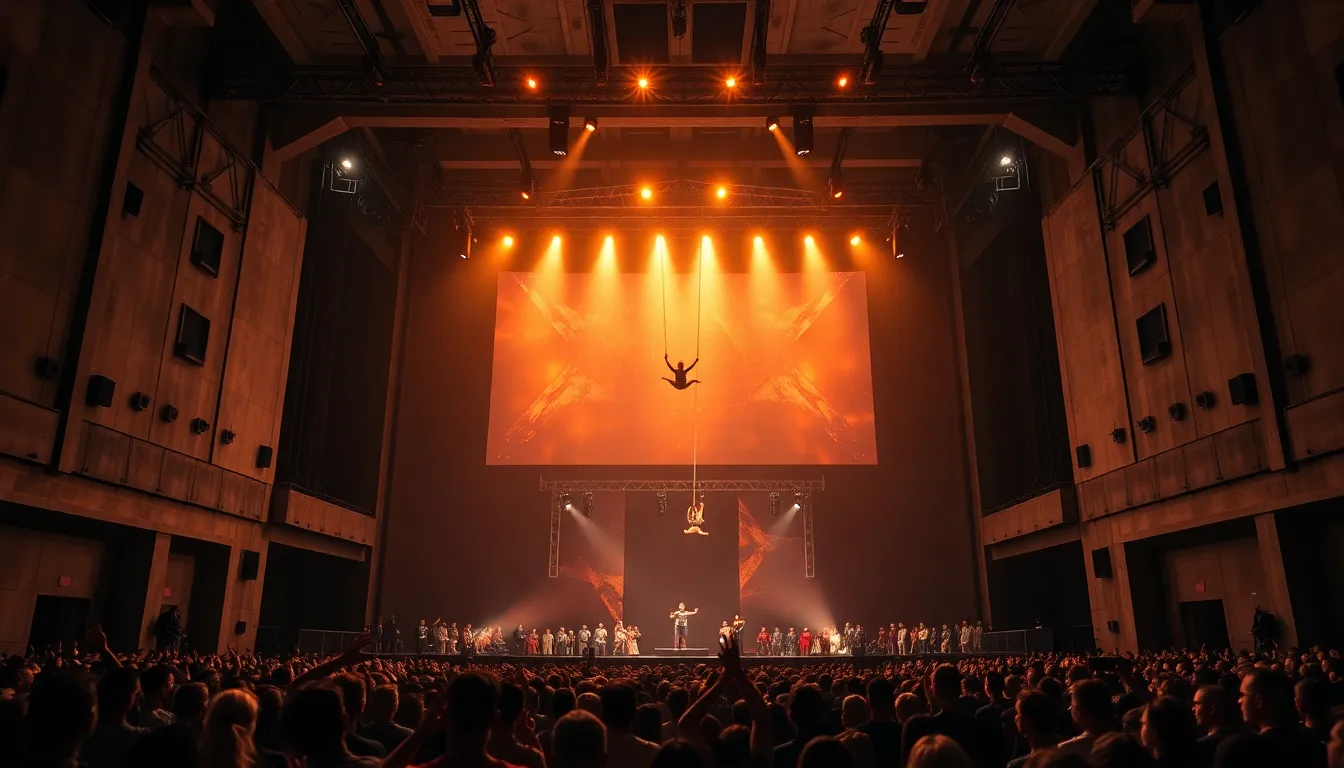 Gigantic brutalist concrete and steel performance stage with glowing amber volumetric lighting, hydraulic trusses shifting mid-performance, and live acrobats descending above a cheering audience