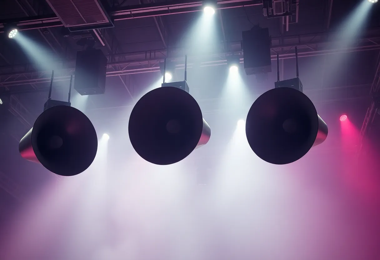 Massive brutalist horn-loaded loudspeaker stacks hanging from arena ceiling rigging surrounded by atmospheric haze