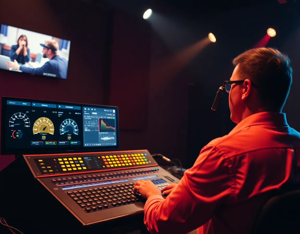 Stage manager and technical director monitoring bank of analog gauges and live video feeds backstage in low amber lighting
