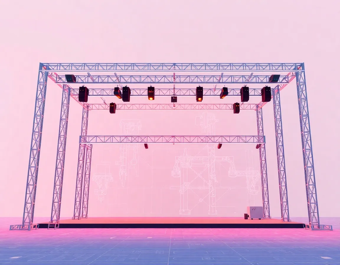 Technical stage blueprint rendering and live steel framework showing load distribution points and motorized rigging motors